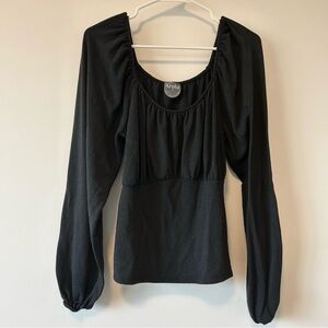 Arula (1X/A) Black Scoop Neck Cinched Ruched Bust Long Sleeve Blouse Top